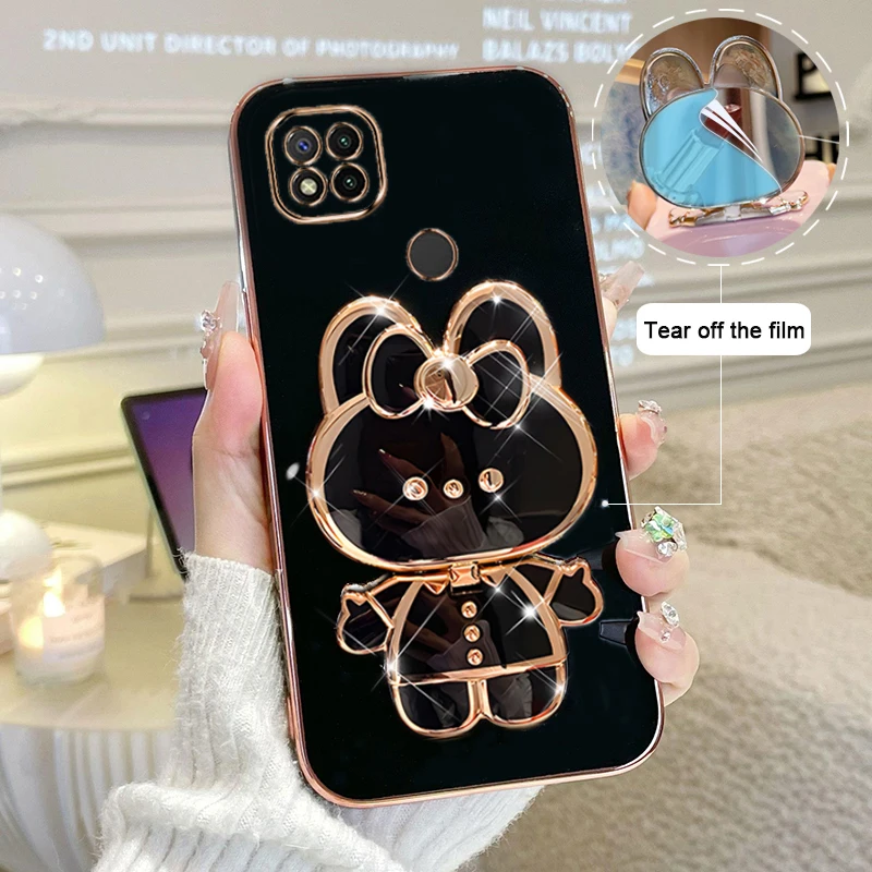 

For Xiaomi Redmi 9C Phone Case Soft Silicone Plating Cartoon Rabbit Fold Stand Makeup Mirror Bracket Cover