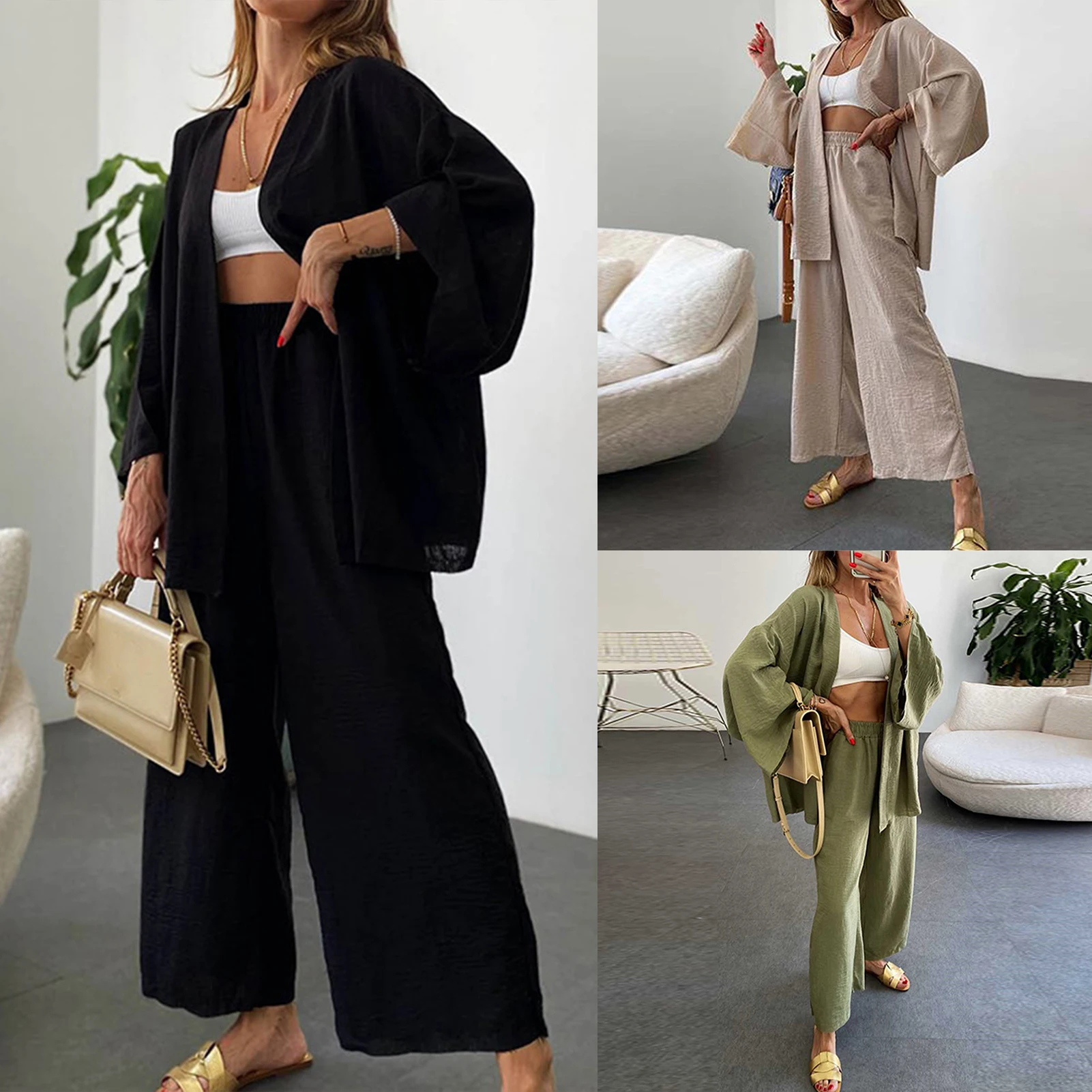 

Fashion Ladies Sexy Solid Cotton Linen Suits Long Sleeve Cardigan+ Broad-legged Shorts Set 2023 Summer 2 Piece Outfits For Women