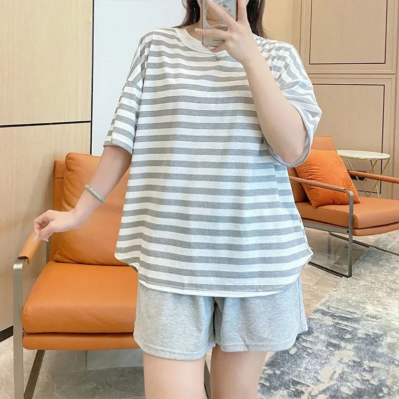 Pajamas Women'S 2 Piece Set Summer 100% Cotton  Korean Kawaii Nightwear Short Sleeve Striped Casual Loose Homewear Set