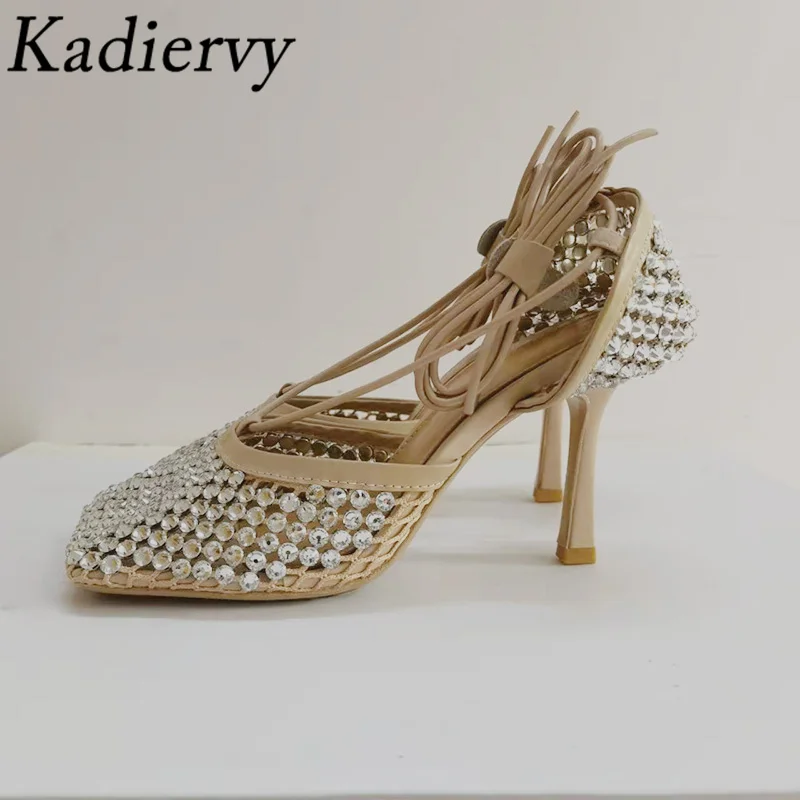 

Туфли-лодочки женские с квадратным носком, сетчатые, с вырезами, на шнуровке, высокий каблук, сандалии-гладиаторы, летняя обувь для вечерино...