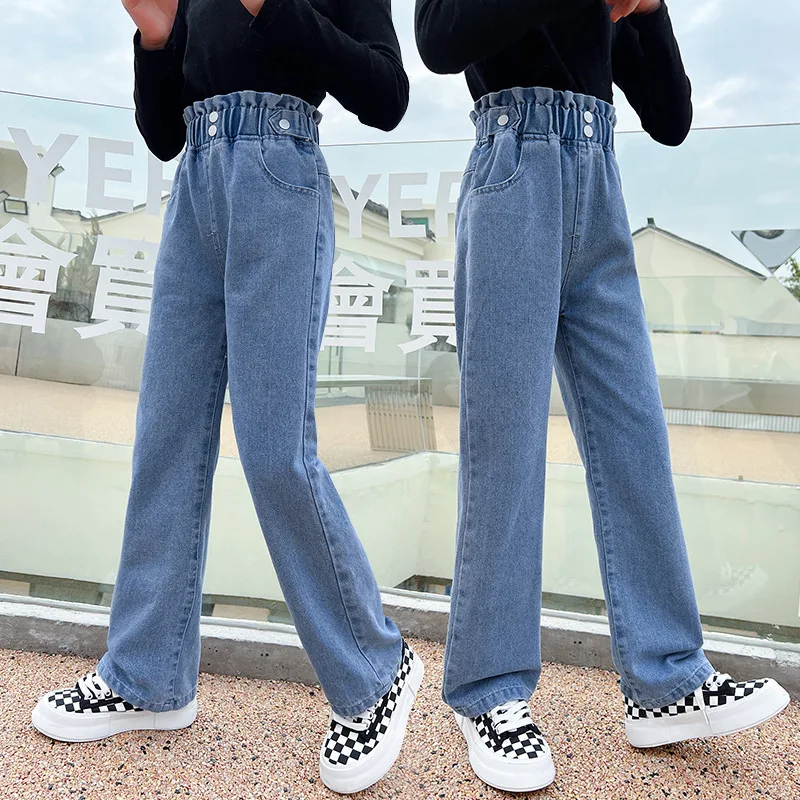 

Teenage Girls Jeans Spring New Streetwear Baggy Jeans For Girl Fashion Loose Straight Wide Leg Pants Children Clothes Light Blue