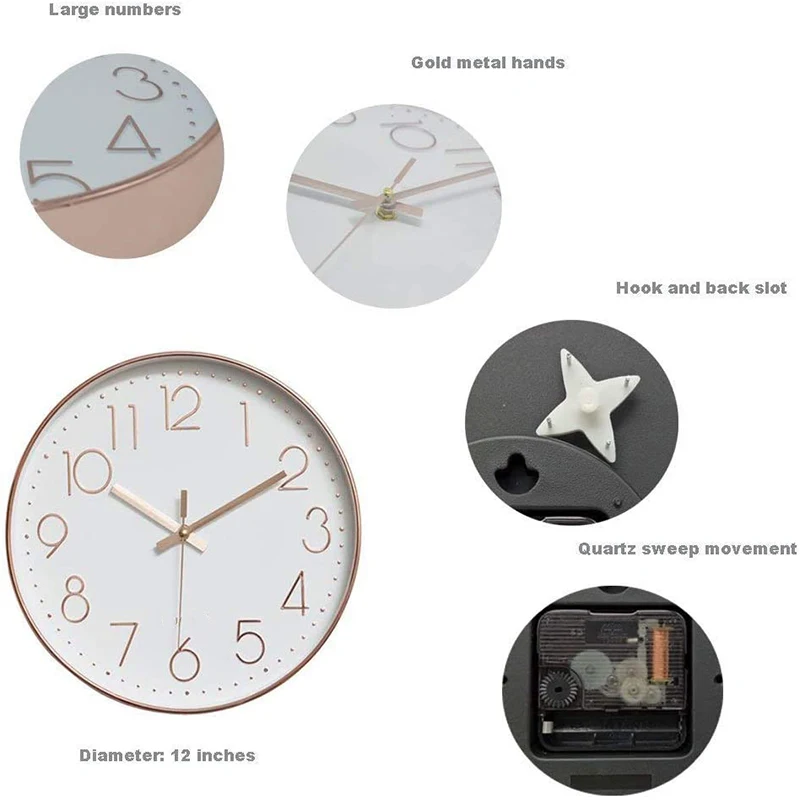 

12-дюймовые кварцевые настенные часы, бесшумные настенные часы без тикания для помещений, современные декоративные розовые и золотые часы