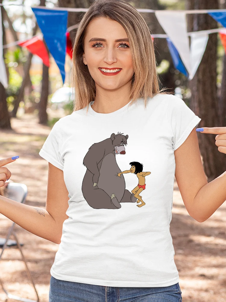 

The Jungle Book Series Disney Women T Shirt Baloo Bear And Mowgli Cute Print White Female T-Shirt Summer New Lady S-2XL sIZE Tee