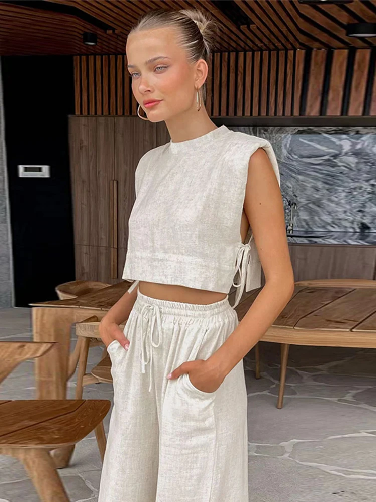 Хлопковые льняные костюмы женские на шнуровке свободный ажурный жилет с