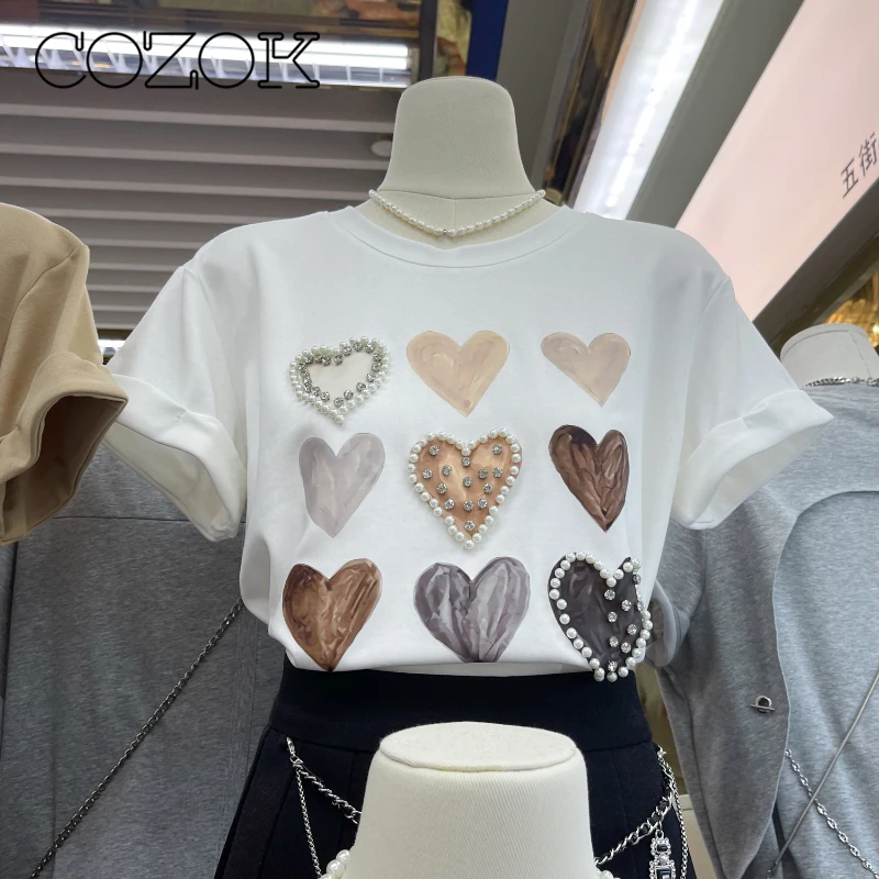 

COZOK O-Neck Versatile Love Pearl Short Sleeve T-Shirt Femme 2023 Summer Loose Shoulder Unique Top Korean Sweet Casual Tees