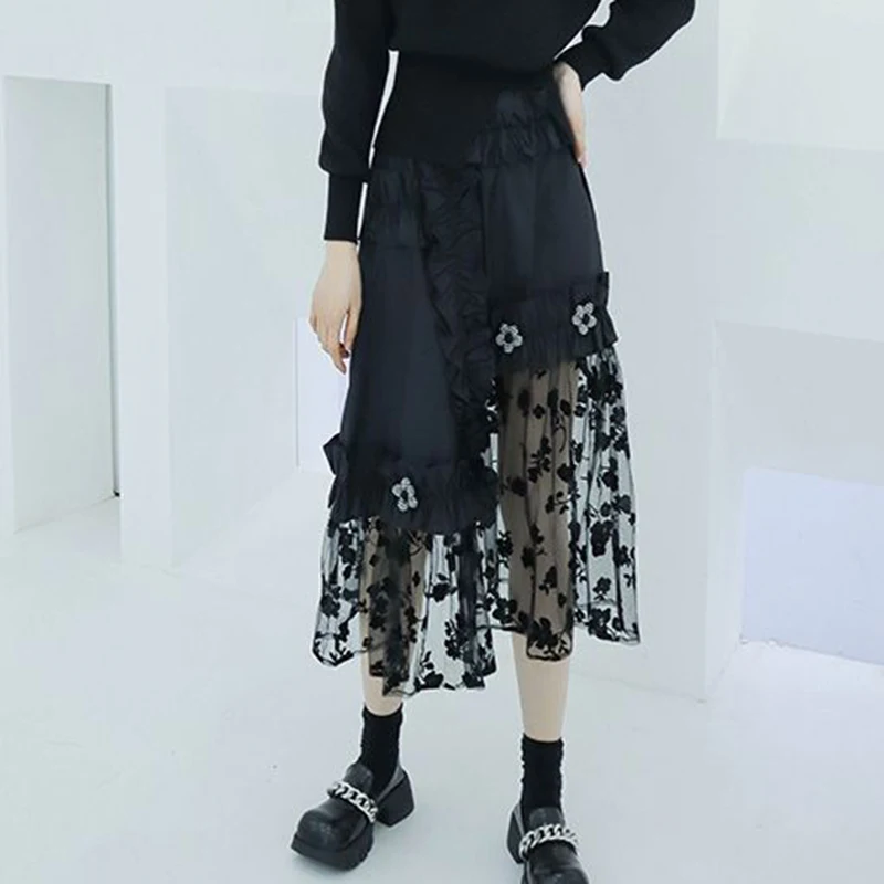Irregular skirt, floral splicing, gauze design, small gauze flocked black flowers in spring 2022  long skirts  Casual  A-LINE