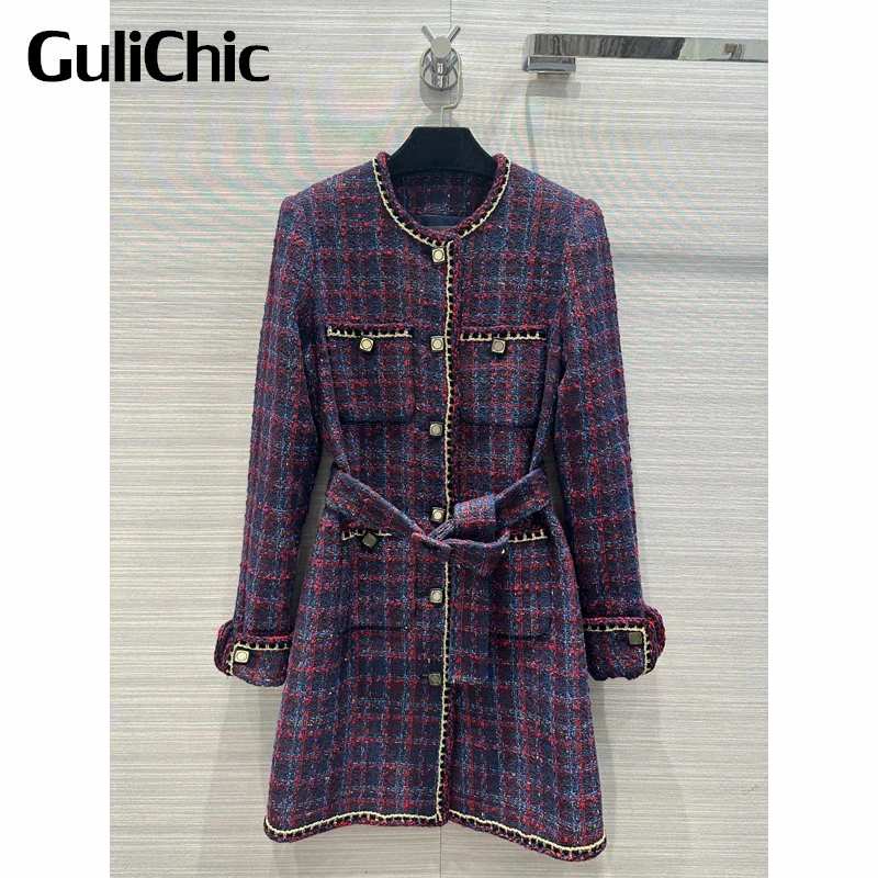 

Женское твидовое платье с поясом GuliChic, роскошное клетчатое платье с круглым вырезом, длинным рукавом, пуговицами и карманами, 11,22