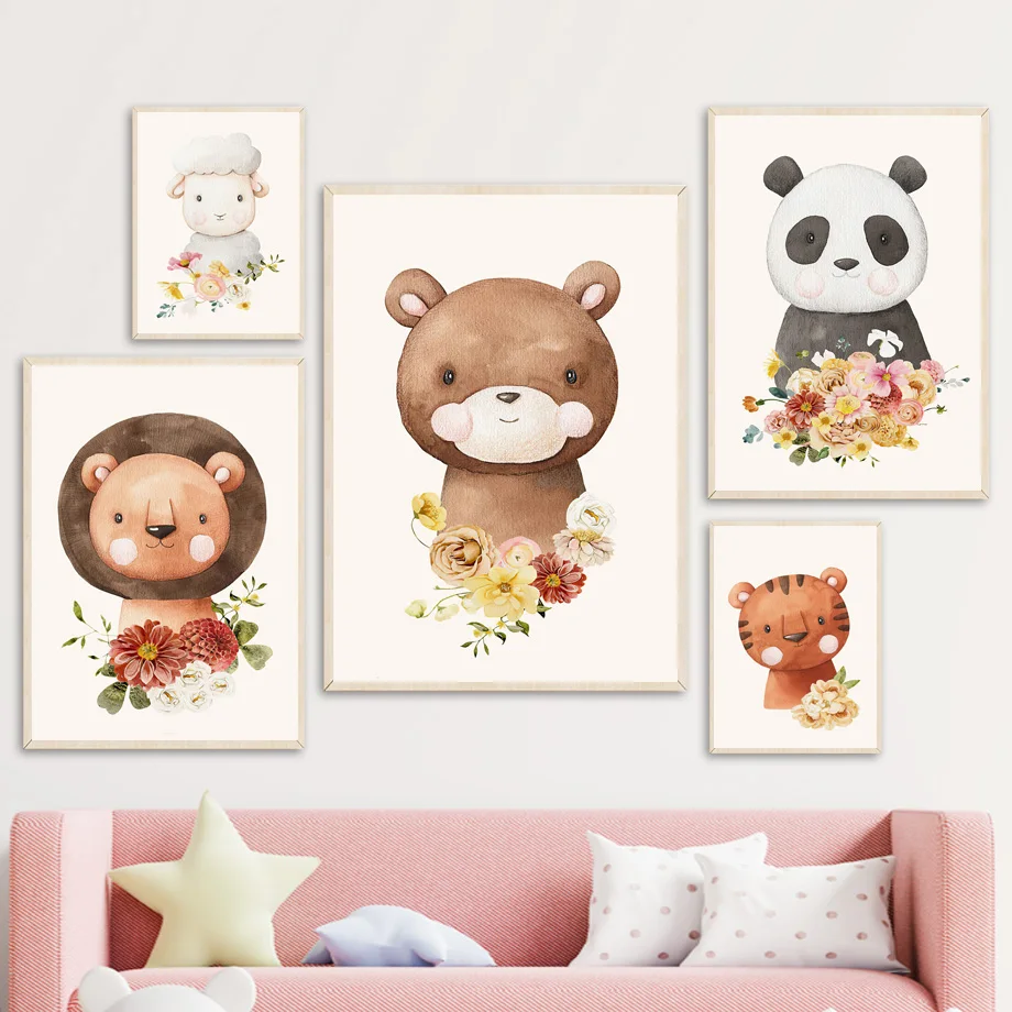 Милые животные Тигр лиса панда Медведь овца детская Картина на холсте