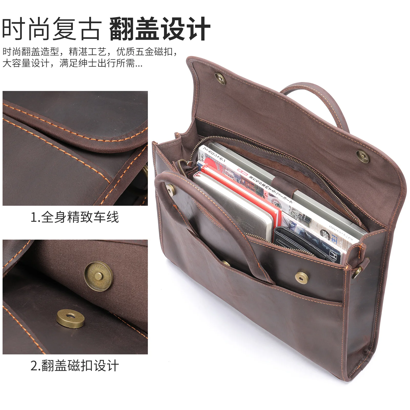 Spring 2023 new crazy horse leather official bag leather large capacity men's handbag personality sedate business briefcase W107