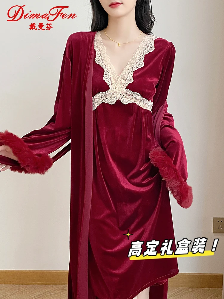 Dai Manfen [Gift Box] Autumn and Winter Diamond Velvet Warm Nightdress Women Year of Fate Red Wedding Pajamas Morning Gowns