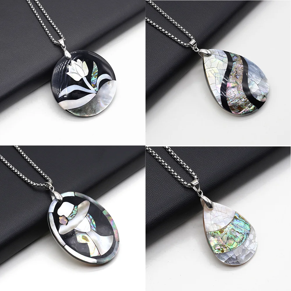 

Natural Freshwater Shell Oval Round Crack White Abalone Shell Splicing Pendant Necklace for Women Charm Jewelry Necklace Gift