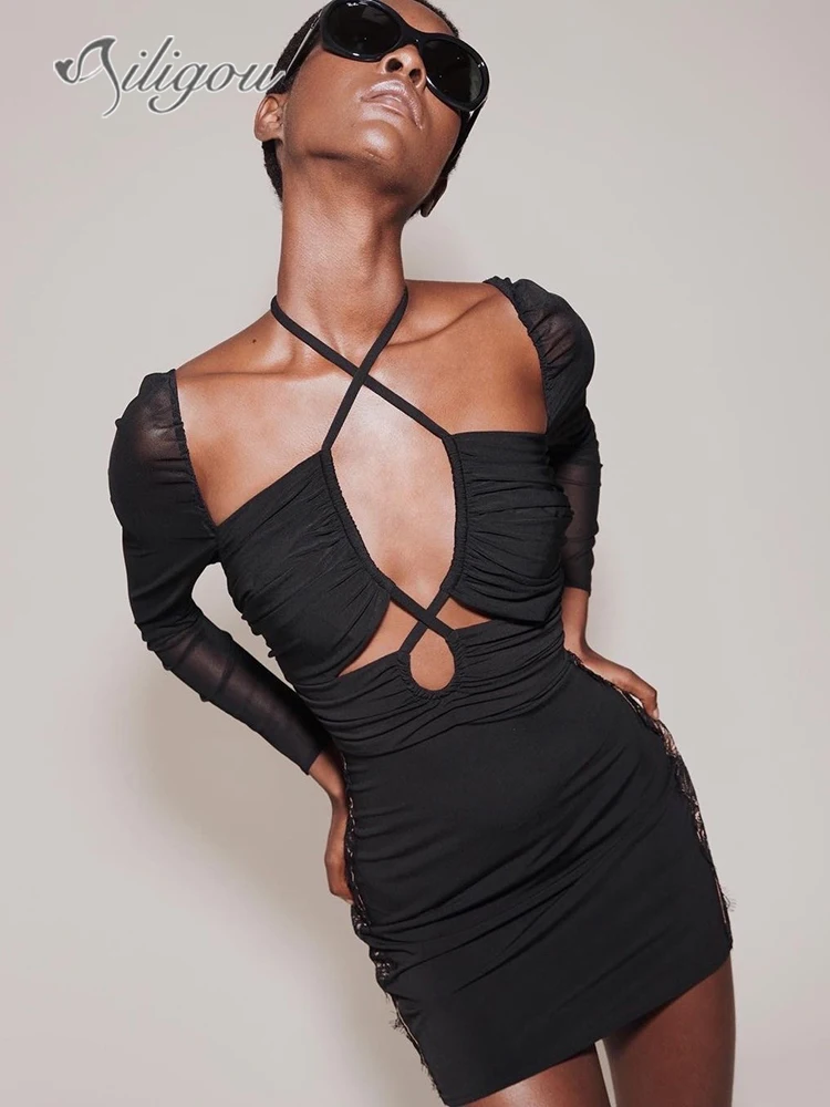 

Ailigou 2022 Summer New Women's Sexy Long Sleeve Hollow Mesh Ruched Black Mini Bodysuit Elegant Evening Party Club Dress