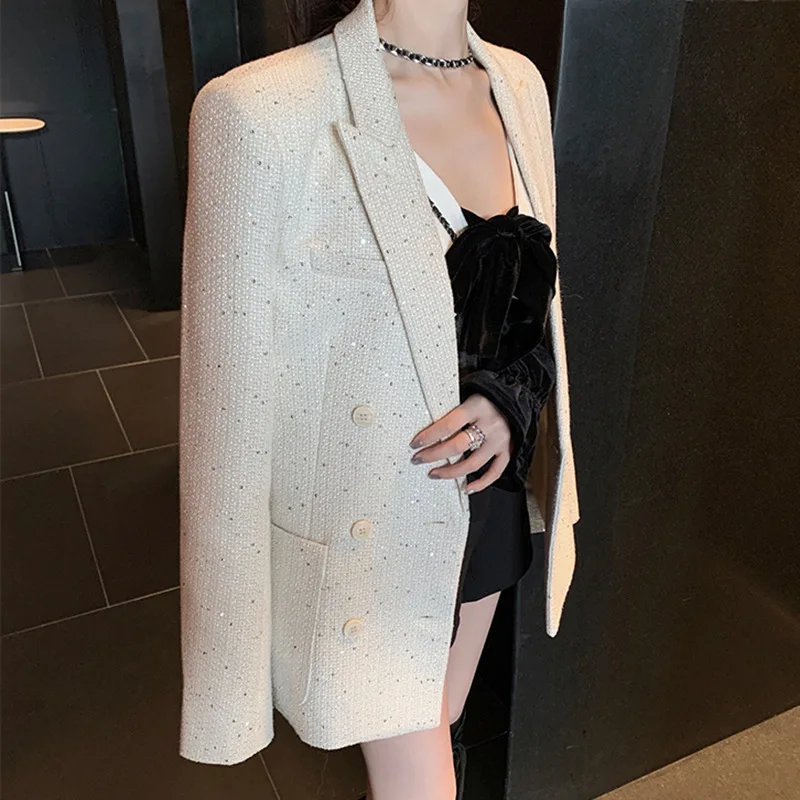 Модная женская одежда больших размеров черно-белый шерстяной Блейзер с