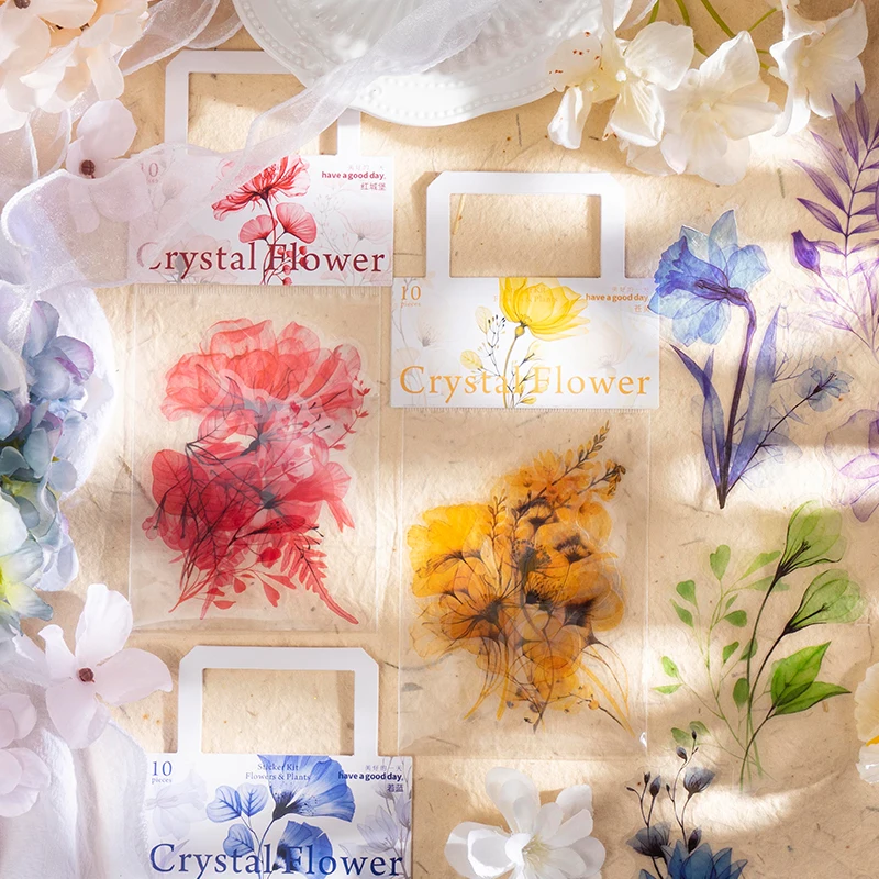 

10 Sheets Crystal ink Flowers Stickers aesthetic Adhesive Diy Sticker for Scrapbooking Diary Album junk journal Collage material