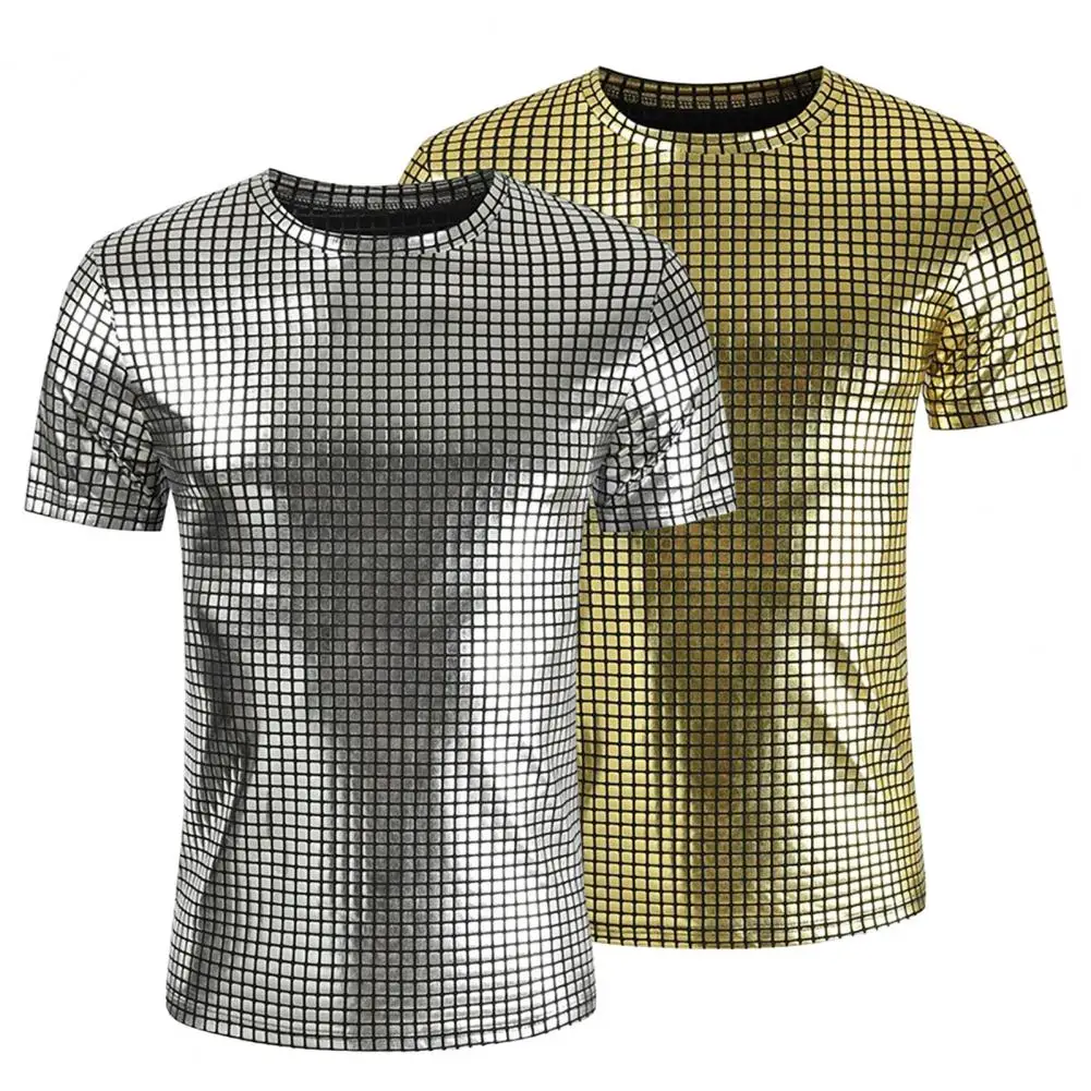

Men Club Tops Short Sleeve Crew Neck Solid Color Reflective Surface Eye-catching Keep Trendy Sexy Slim Fit Casual Summer T-shirt
