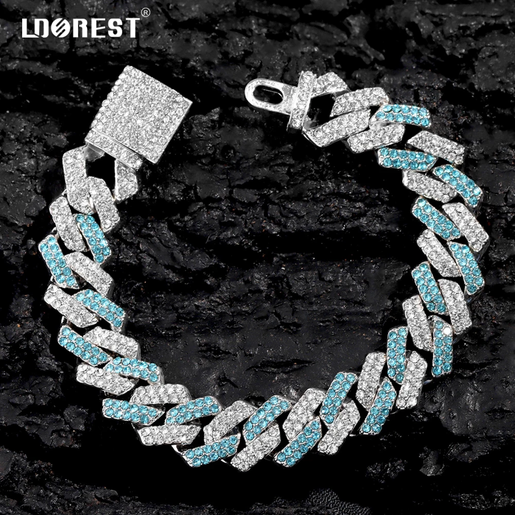 

New Iced Out Blue Rhinestones Cuban Link Chain Men's Bracelet 14MM High Quality 2 Row Prong Chain Bracelets Women Jewelry Hiphop