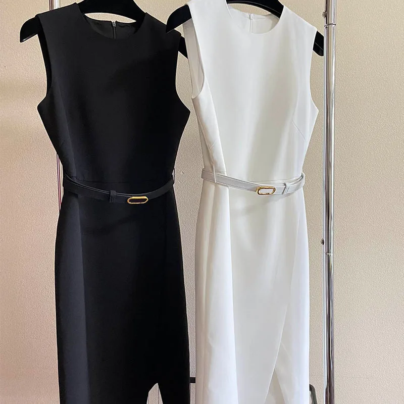 

Женское приталенное платье на молнии, белое асимметричное платье с высокой талией и круглым вырезом, без рукавов, с металлическими ремнями, ...