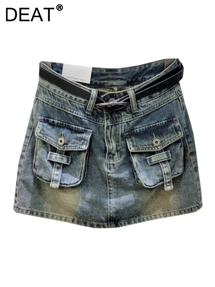 

Женская джинсовая мини-юбка DEAT, отбеленная короткая юбка-карго составного кроя с высокой талией и карманами, с запахом, на зиму, 29L6295, 2023