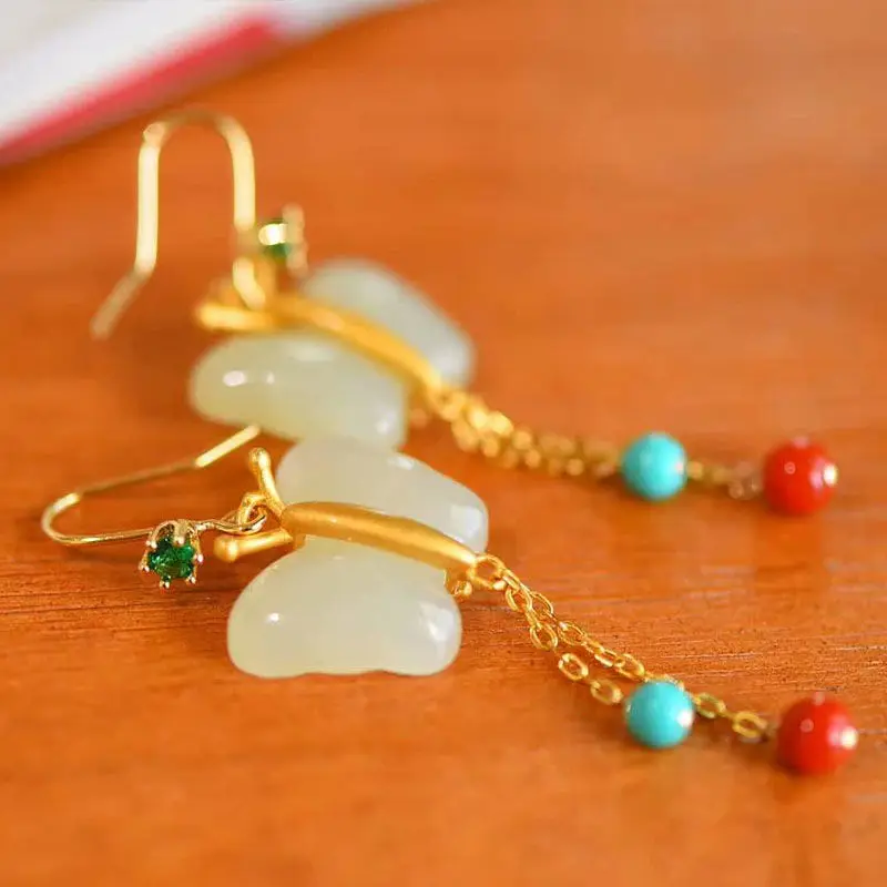 

White Jade Butterfly Earrings Jewelry Gemstones Real Talismans Gemstone Designer Natural Women Charm Charms Fashion 925 Silver