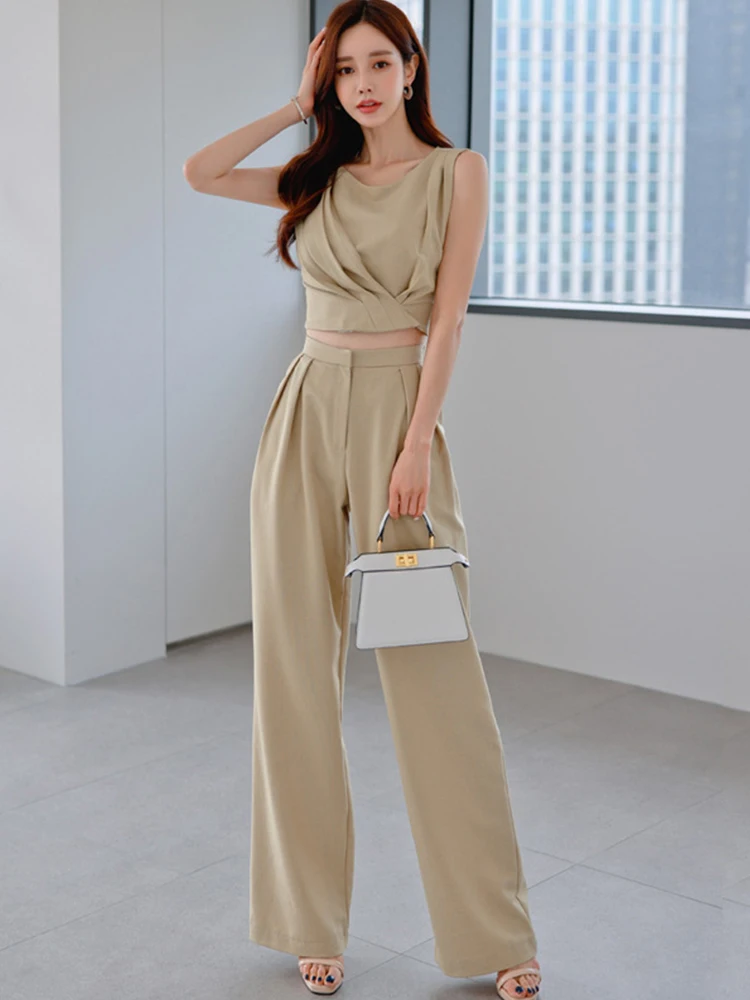 

Fashion Sexy 2 Pieces Outfits Women Temperament Formal Short Cropped Tops Shirt Blouse Trouser Wide Leg Loose Pants Mujer Sets