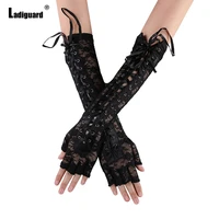 ladiguard sexy fingerless gloves women long opera mittens bandage hot wetlook ladies patchwork lace gloves lingerie costumes