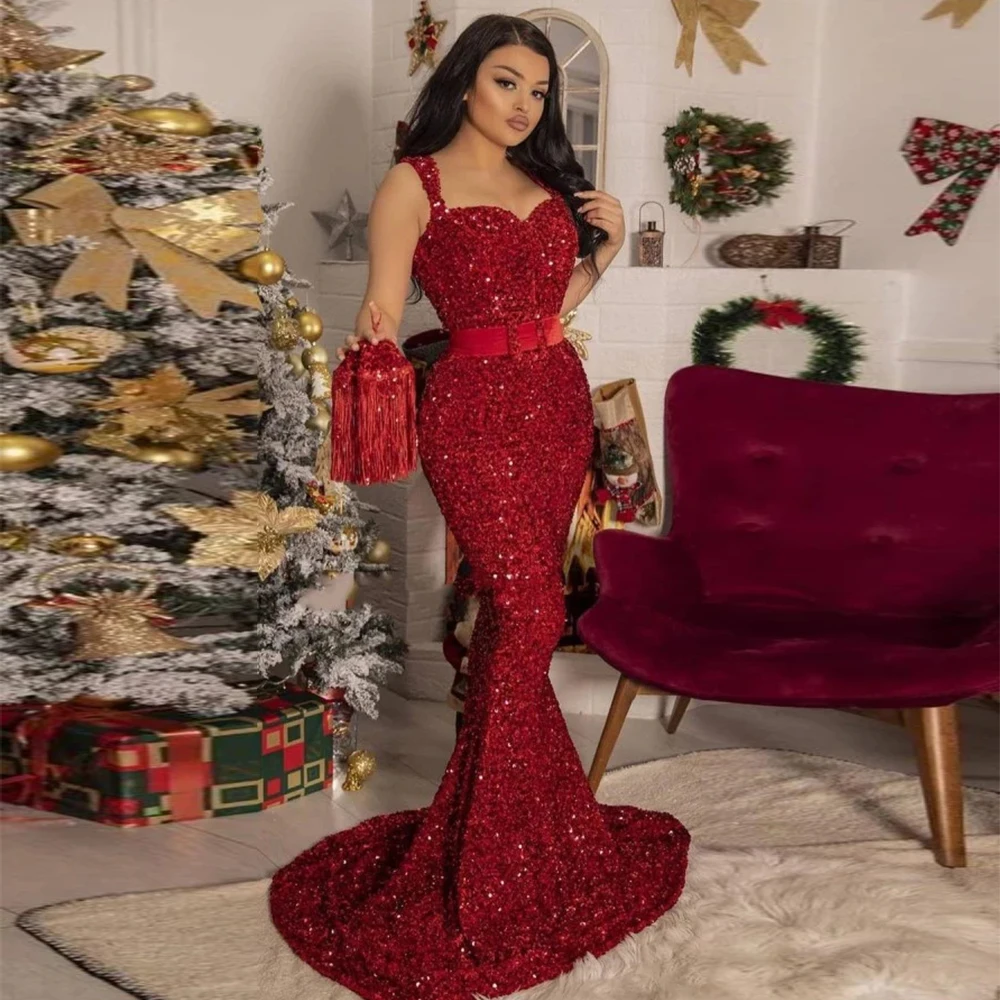 

Red Sequins Mermaid Evening Dresses Women's Elegant Sweetheart Thin Shoulder Strap Robe With Belt Sleeveless Vestido Noche Prom
