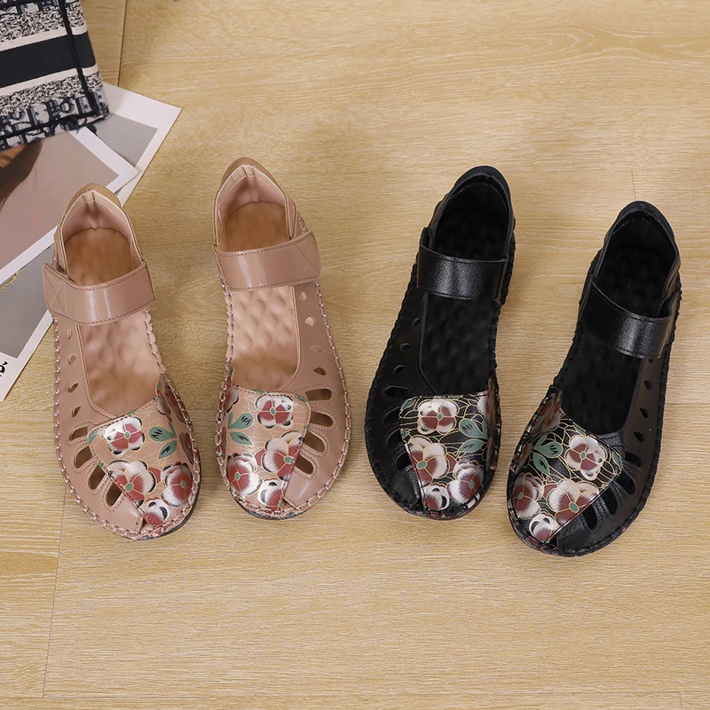 2023 New White Moccasins Geunine Leather Ladies Shoes for Women Peep Toe Handmade Floral Sandals Leisure Mom Mary Jane Shoes