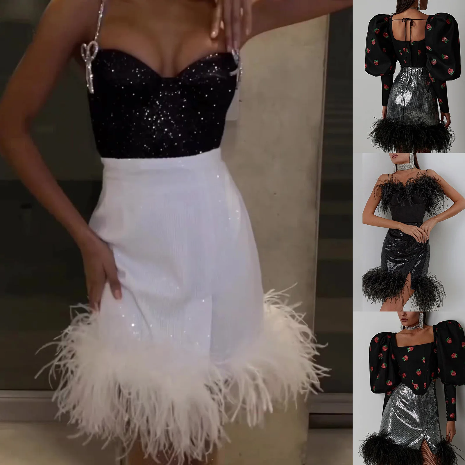 

Women Fashion Shiny Sequins Skirt Feather Hem Summer Elegant Casual Slit Pencil Skirt for Beaches Club Party Streetwear