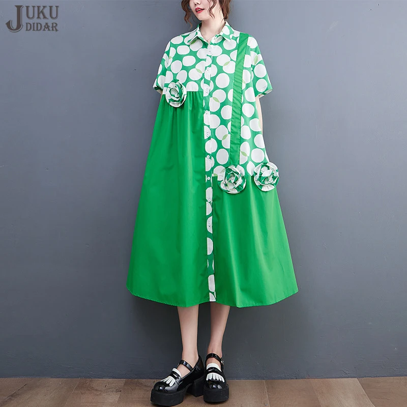 

Женское платье-рубашка свободного кроя, повседневное платье в зеленый горошек с цветочным принтом, модель JJXD087 большого размера в уникально...