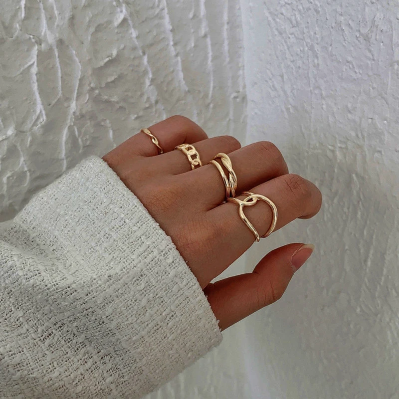 

5 pcs/set Bohemian Ring Set Gold Silver Color Wide Twist Rings For Women Girls Simple Metal Chain Finger Tail Rings Jewelry