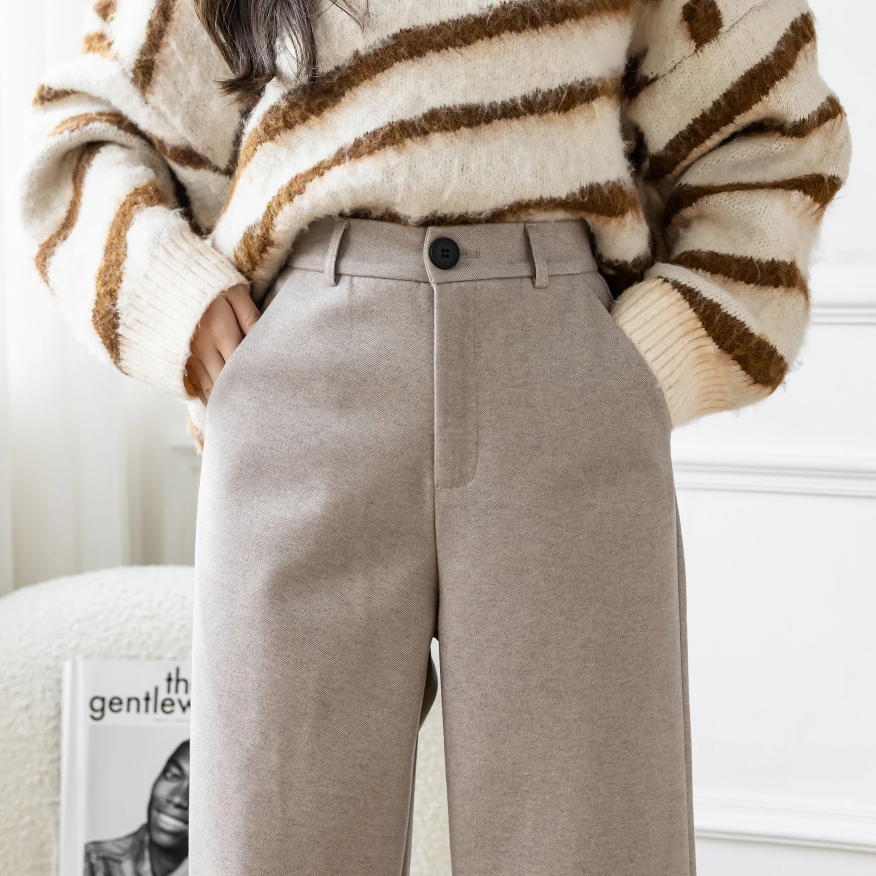 

Шикарные Женские повседневные Свободные Шерстяные прямые брюки, Осень-зима 2022, Женские панталоны с высокой талией, костюмы с широкими штани...