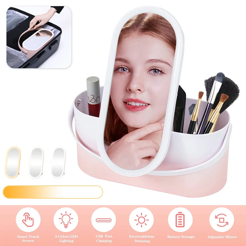 

Smart Led Makeup Mirrors Stepless Dimming Creative Design With Cosmetics Portable Storage Box With Handle For Girls Travel Home