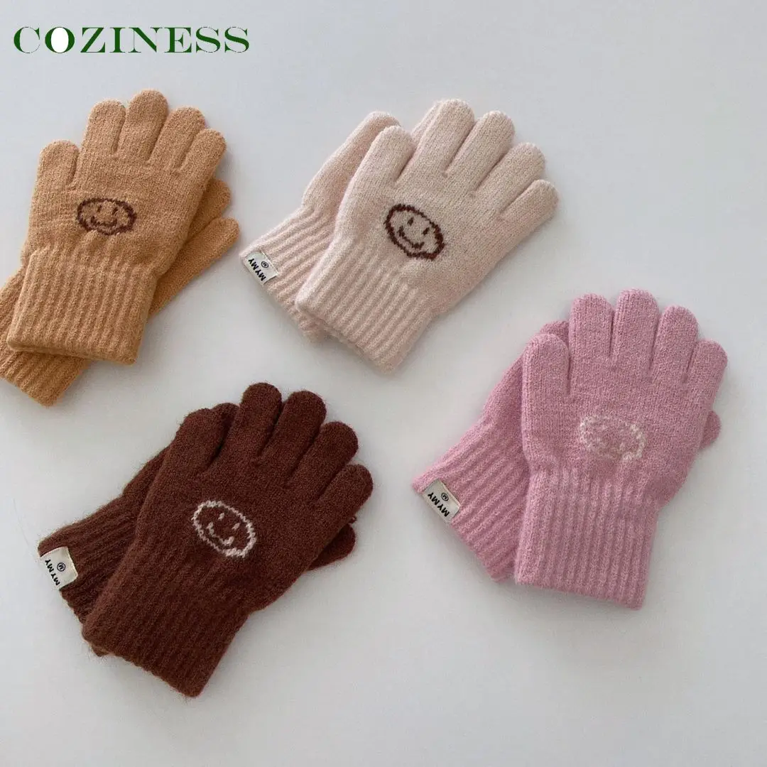 

Зимние уличные холодные защитные сохраняют тепло рандомные вязаные хлопковые милые детские перчатки со смайликом и пятью пальцами Новые п...