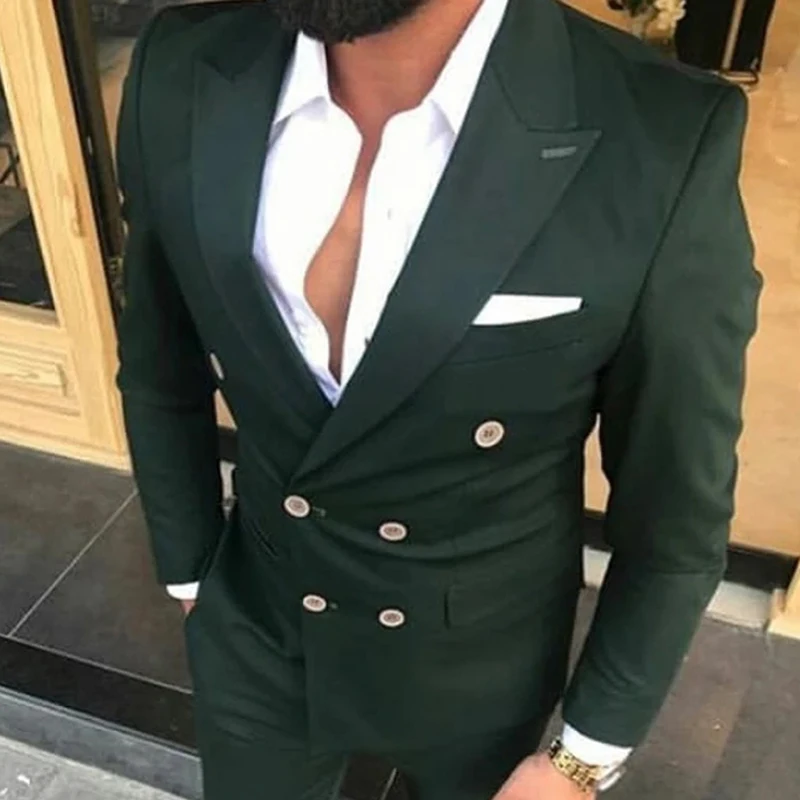 Trajes De Hombre Wedding Suits Dark Green Double Breasted  Cheap 2 Pieces Tuxedos Prom Blazer Male Fashion Jacket with Pants