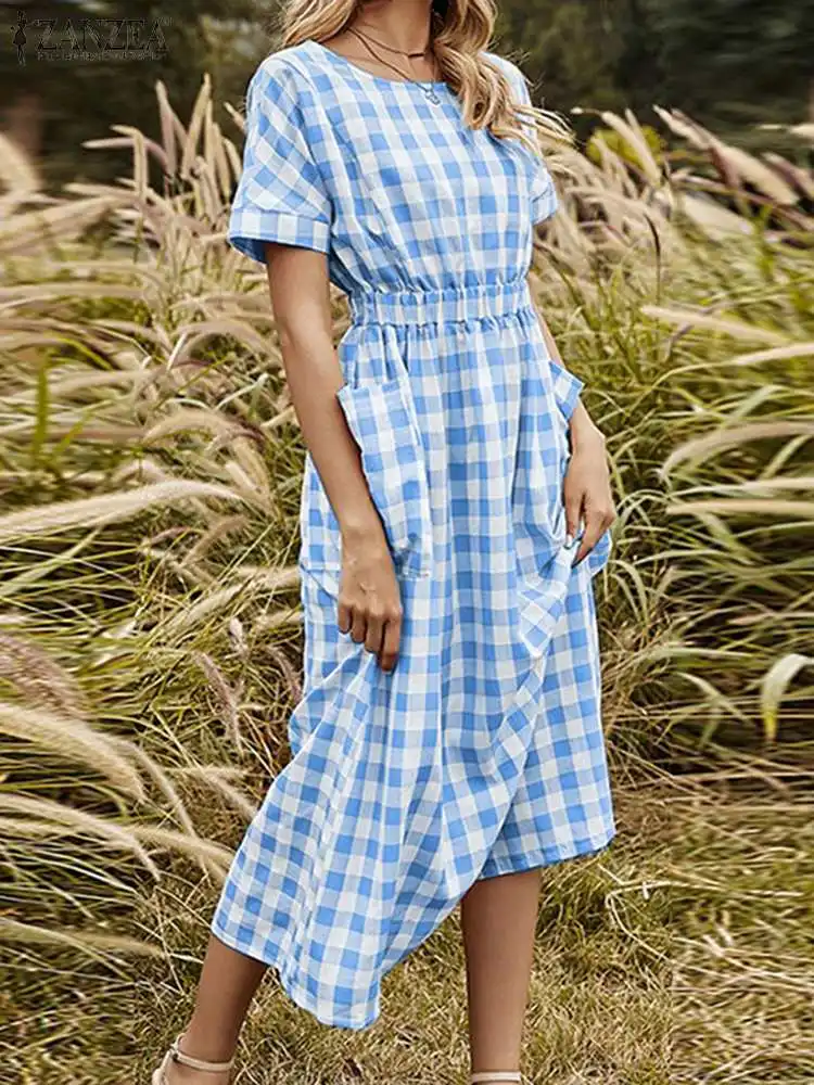 

ZANZEA Summer Women Grid Printed Dress Femme Short Sleeve Sundress Bohemian Elegant Casual Oversized Holiday Kaftan Dresses