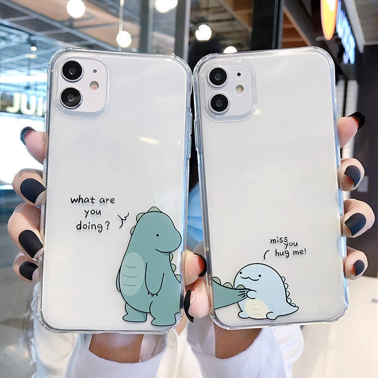 

Cute Cartoon Animal Dinosaur Couple Phone Case For iPhone 13 Pro Max 12 11 X XS XR 7 8 Plus SE Transparent Soft Shockproof Cover