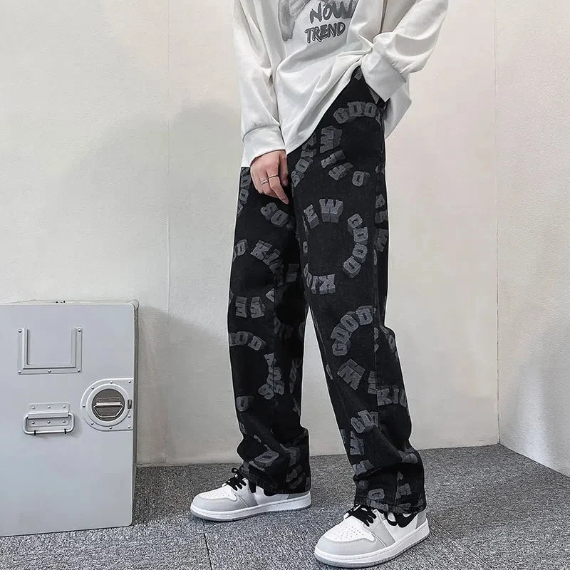 High Street  Man Denim Pants Trousers  Retro Y2k Straight Jean Streetwear Loose Mopping Pants Loose Design Fashion Casual Pant