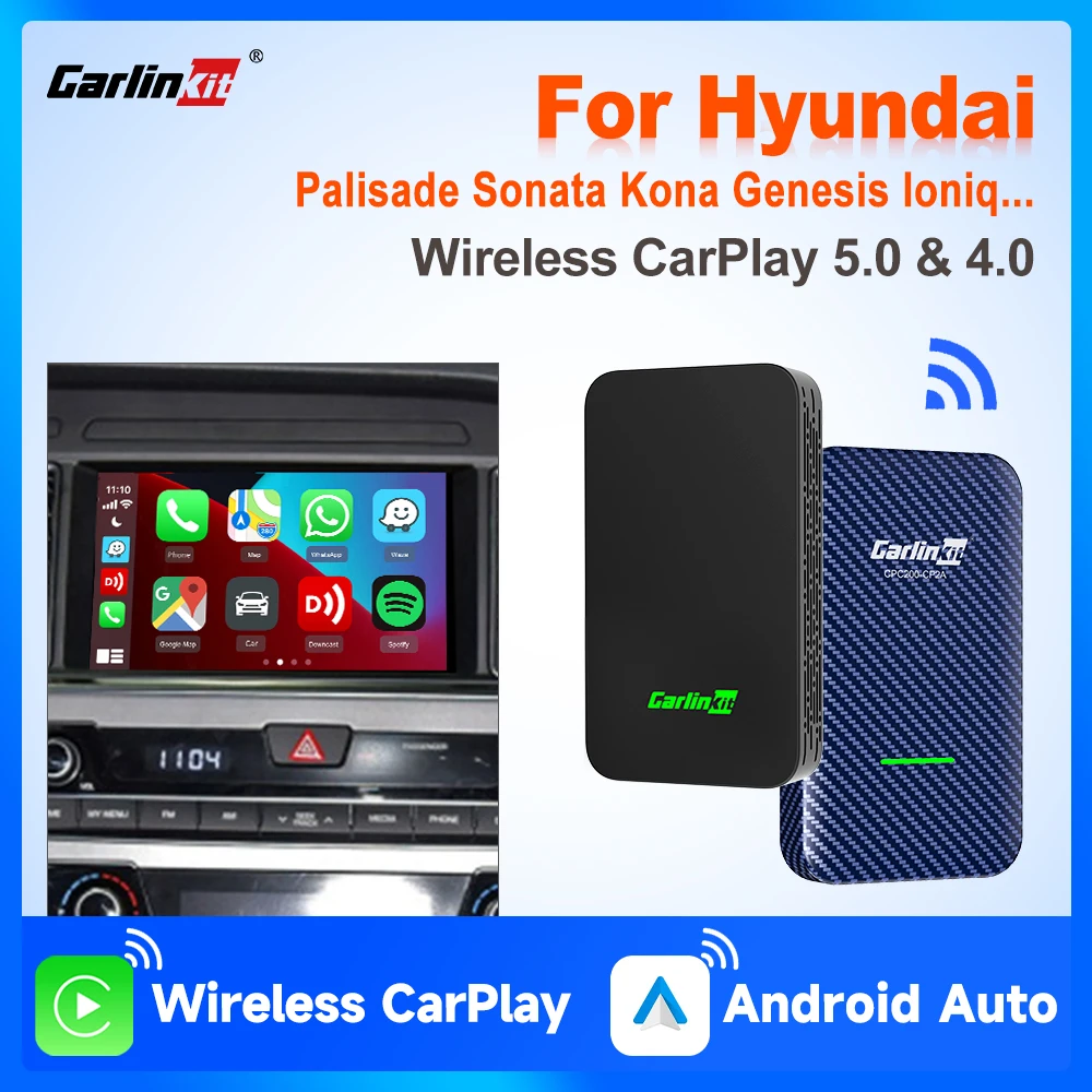 

Wireless CarPlay Adapter CarlinKit 5.0&4.0 Wireless Android Auto BT Auto-connect For Hyundai i10/i30/i40 Azera Kona Bayon Santa