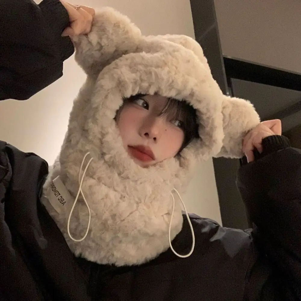 Элегантная плюшевая шапка с медвежьими ушками утолщенная на шею шарф капюшоном