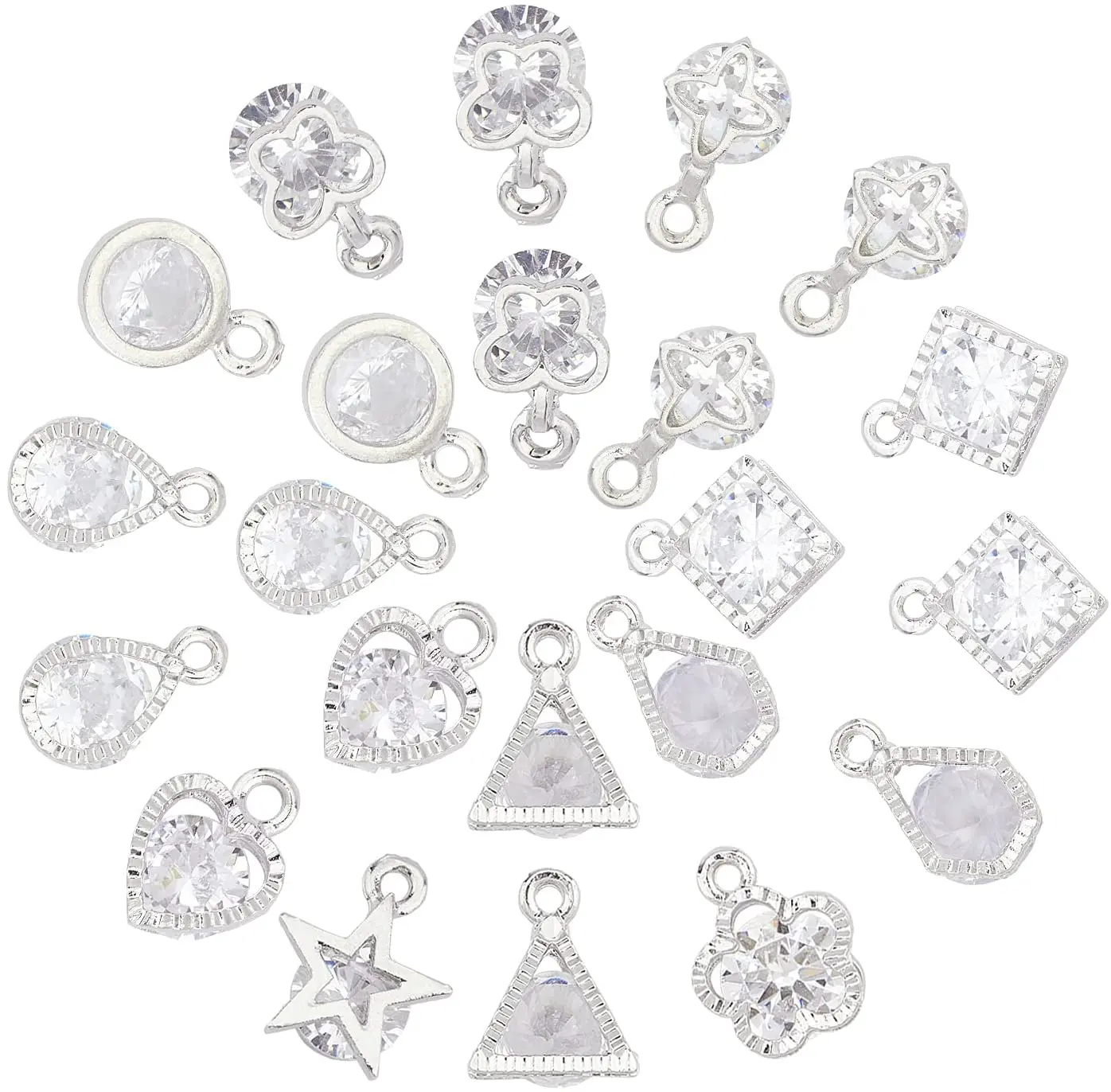 

100 PCS Cubic Zirconia Charms 10 Shapes Heart Flower Star Triangle Butterfly Cubic Zirconia Alloy Crystal Pendant Sets Silver