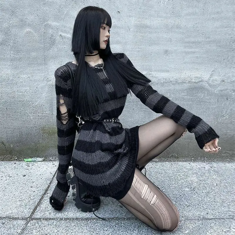 

Punk Gothic Sweater Long Short Emo Tops E-girls Mall Goth Pullovers Y2k Harajuku Grunge Clothes Alt Dark Aesthetic Striped