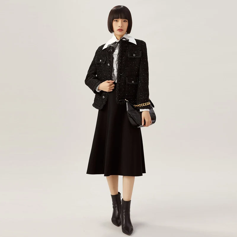 Осеннее универсальное твидовое короткое пальто с круглым вырезом и карманами