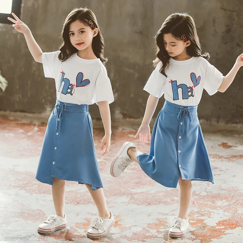 

2022 Teenager Summer Girls clothes heart print T Shirt + Irregular Skirt Outfits Children A-LINE 5 6 7 8 9 10 11 12 13 14 year
