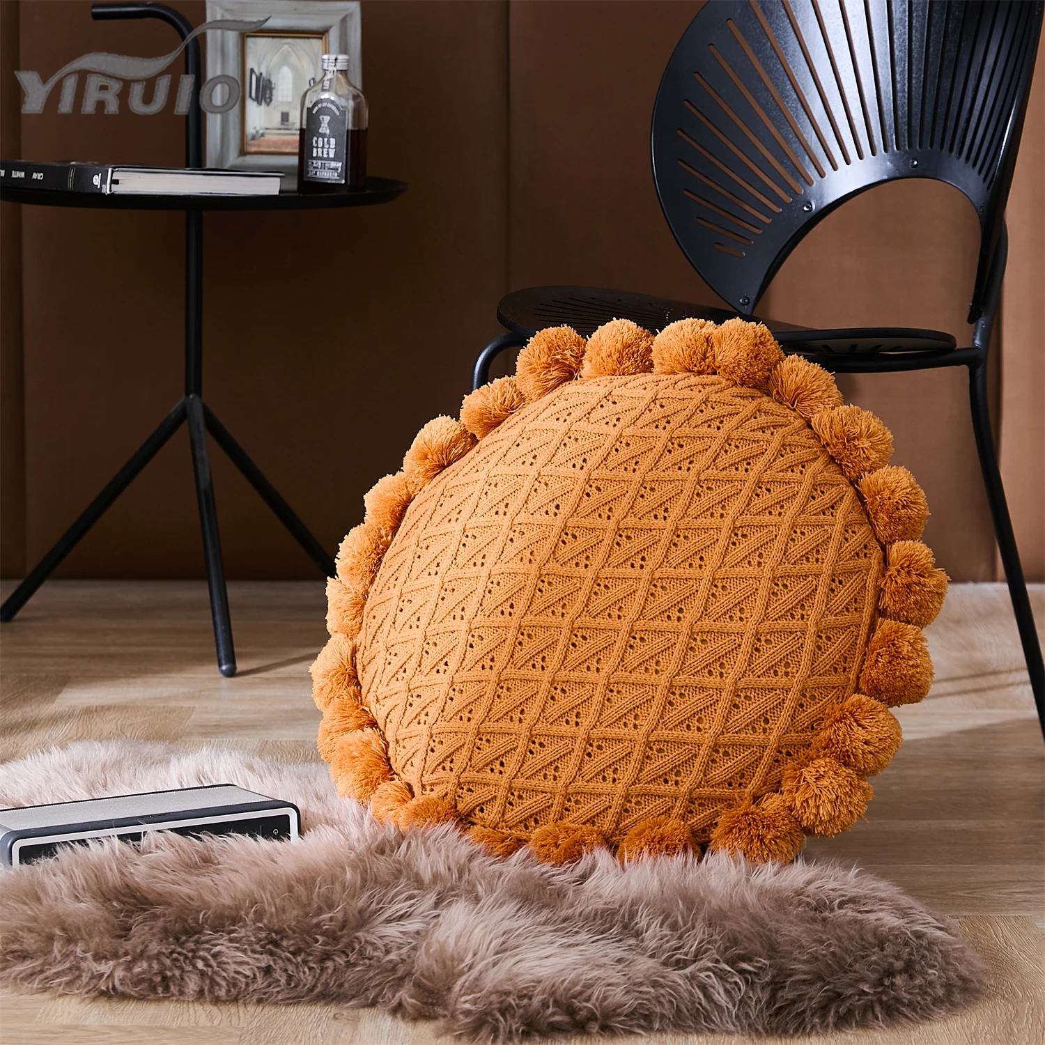 YIRUIO Cute Pompons Crochet Throw Pillow Stripe Hollow-out Zipper Design Cushion Beige White Orange Pink Gray Green Back Cushion