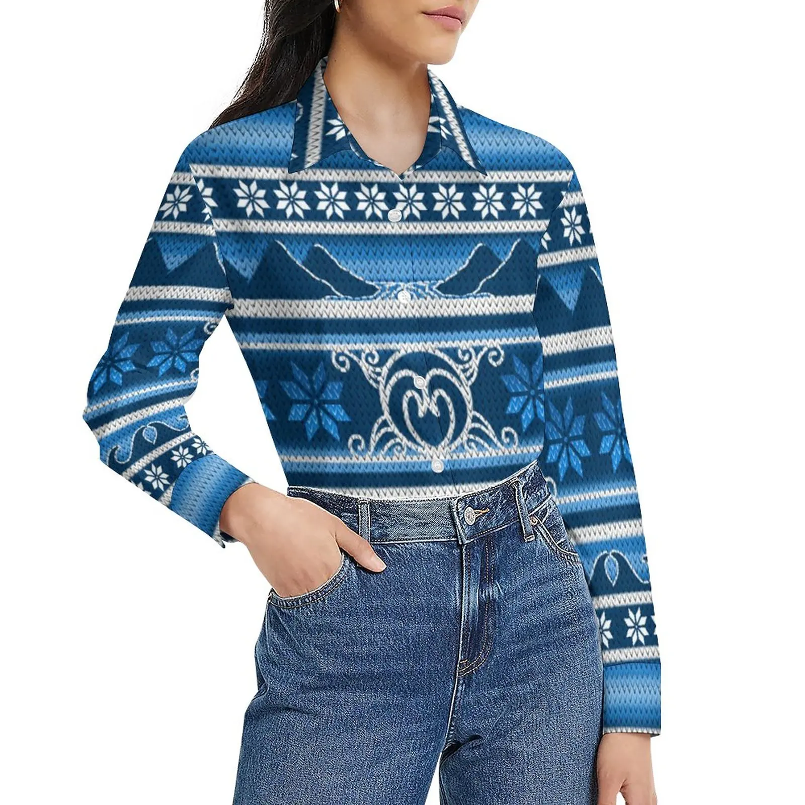 

Winter Blue Nordic Blouse Long Sleeve Retro Print Office Blouses Female Classic Oversized Shirt Graphic Clothes Birthday Present