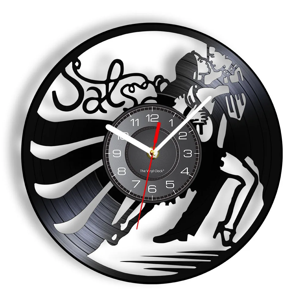 Vintage Latin Salsa Dance Wall Art Clock Dancing Couple Silhouette Vinyl Record Wall Clock Latin Ballroom Dance Studio Wall Lamp