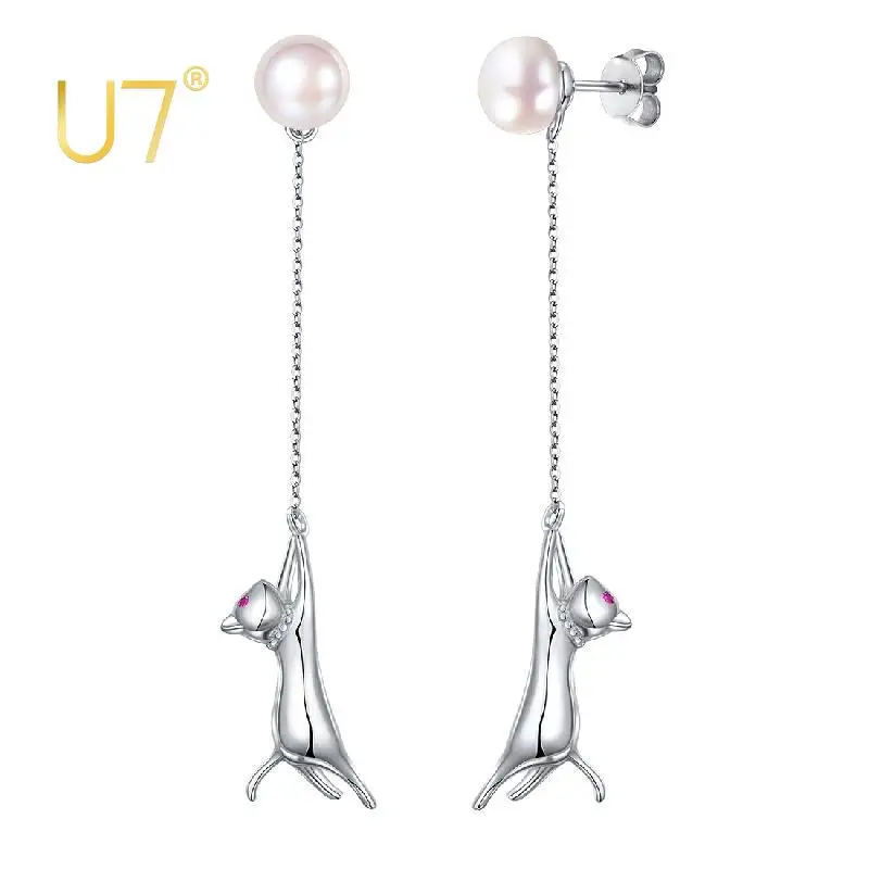 U7 Platinum Plated 925 Silver Cat Pearl Dangle Earring for Woman Cute  Chasing Ball Chic Daily  Jewelry Peal 