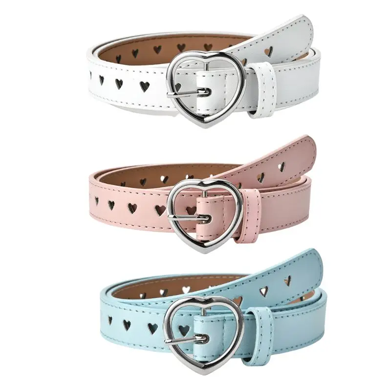 

Children Belt Kids Cute Peach Heart Buckle Faux Leather Belts For Girls Solid y2k style Waistband Eyelet Grommet Waist Belt