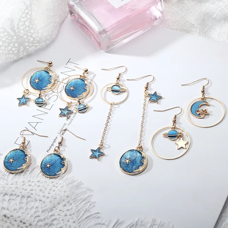 

Blue Space Earrings Creative Fashion Simple Blue Universe Moon Star Starry Planet Long Tassel Asymmetric Girl Women Earrings