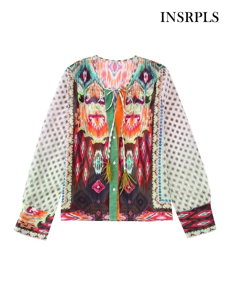 

INSRPLS Women Fashion With Tied Feathers Printed Blouses Vintage Long Sleeve Front Buttons Female Shirts Blusas Chic Tops